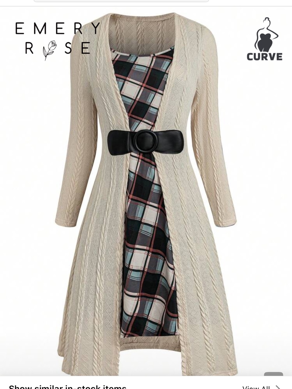 Emery Rose Cream Cable-Knit Long Sleeve Dress with Plaid Inset